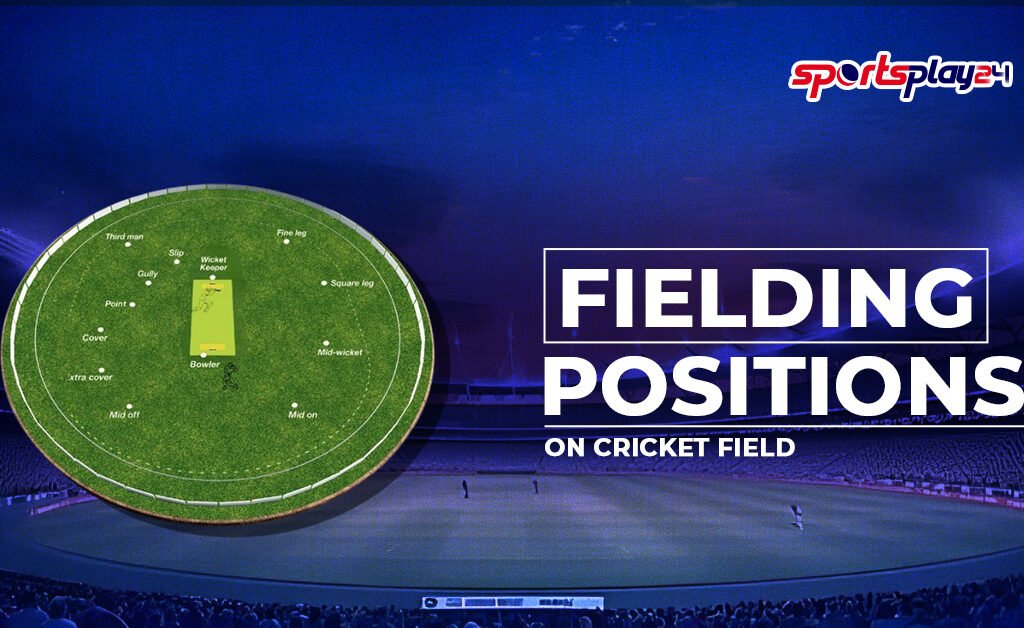 Cricket fielding positions diagram showing slip, cover, mid-off, mid-on, square leg, fine leg, and wicket-keeper placement on cricket field.
