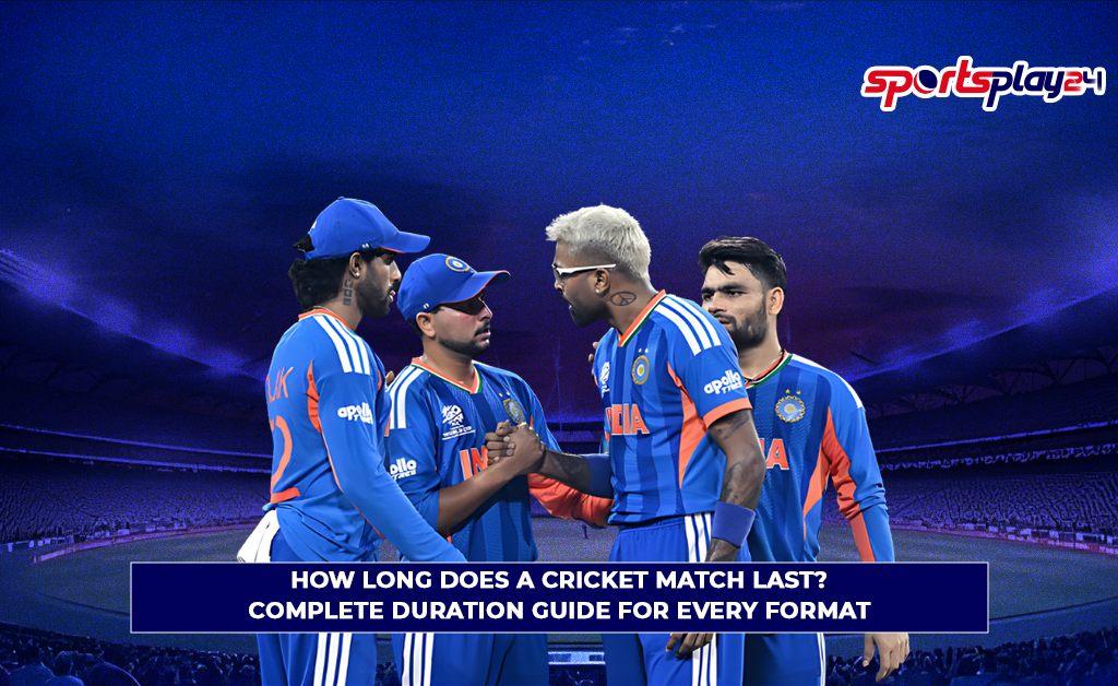 Indian cricket players discussing strategy with title How Long Does a Cricket Match Last complete duration guide for every cricket format in stadium background