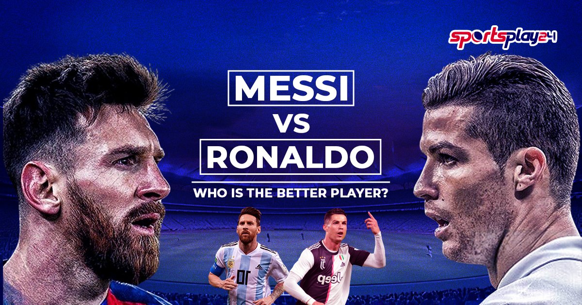 Messi vs Ronaldo comparison image showing Lionel Messi and Cristiano Ronaldo facing each other with the text “Who Is the Better Player?” in a football stadium backdrop.