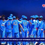 Indian Under-19 cricket team celebrating together during the ICC Under-19 World Cup, highlighting youth champions from 1988 to 2026.
