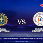 Kerala Cricket Team vs Gujarat Cricket Team timeline showing Kerala and Gujarat cricket association logos with stadium background