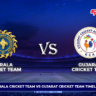 Kerala Cricket Team vs Gujarat Cricket Team timeline showing Kerala and Gujarat cricket association logos with stadium background