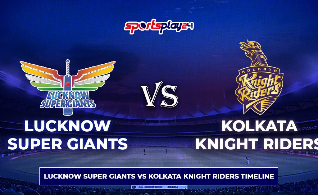 LSG vs KKR timeline graphic showing team logos and IPL rivalry comparison in stadium background.