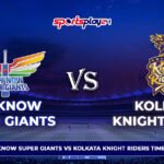 LSG vs KKR timeline graphic showing team logos and IPL rivalry comparison in stadium background.