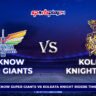 LSG vs KKR timeline graphic showing team logos and IPL rivalry comparison in stadium background.