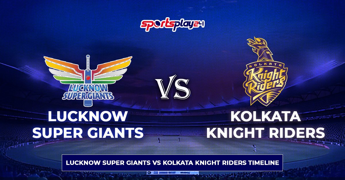LSG vs KKR timeline graphic showing team logos and IPL rivalry comparison in stadium background.