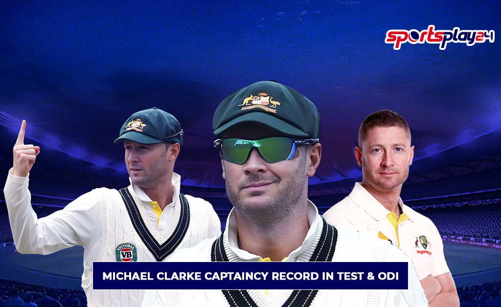 Michael Clarke wearing Australia Test kit with stadium background, highlighting Michael Clarke Captaincy Record in Test & ODI with leadership visuals and match imagery