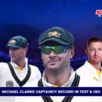 Michael Clarke wearing Australia Test kit with stadium background, highlighting Michael Clarke Captaincy Record in Test & ODI with leadership visuals and match imagery