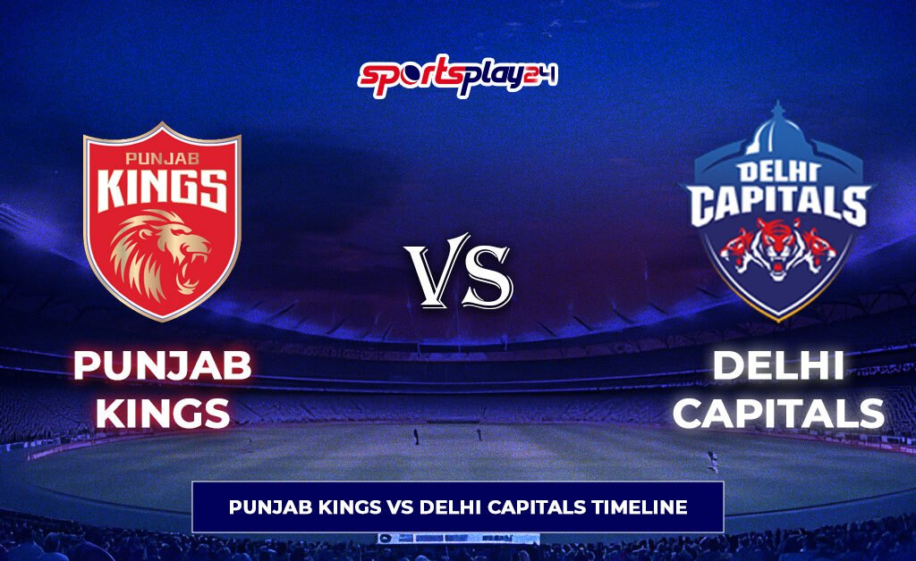 Punjab Kings vs Delhi Capitals timeline graphic showing team logos and IPL rivalry comparison in cricket stadium.