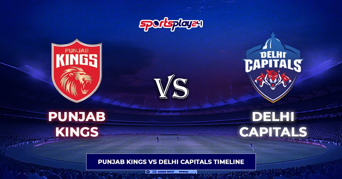 Punjab Kings vs Delhi Capitals timeline graphic showing team logos and IPL rivalry comparison in cricket stadium.