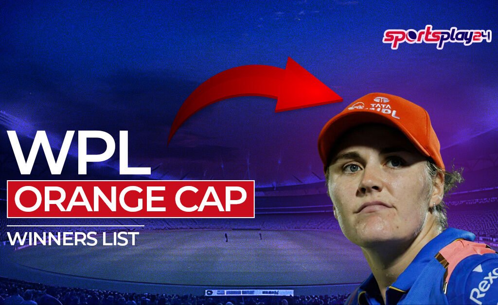 WPL Orange Cap Winners List graphic featuring a women cricketer, highlighting season-wise top run-scorers in the Women’s Premier League from 2023 to 2026.