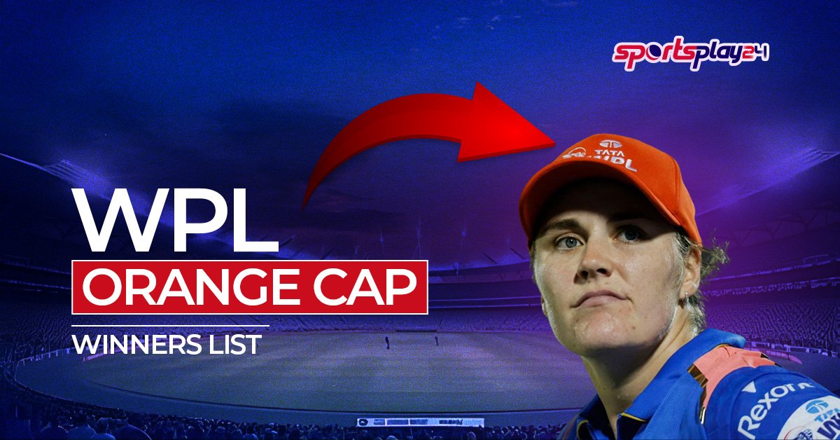 WPL Orange Cap Winners List graphic featuring a women cricketer, highlighting season-wise top run-scorers in the Women’s Premier League from 2023 to 2026.