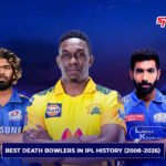 Best death bowlers in IPL history 2008–2026 featuring Lasith Malinga, Dwayne Bravo, and Jasprit Bumrah in IPL jerseys.