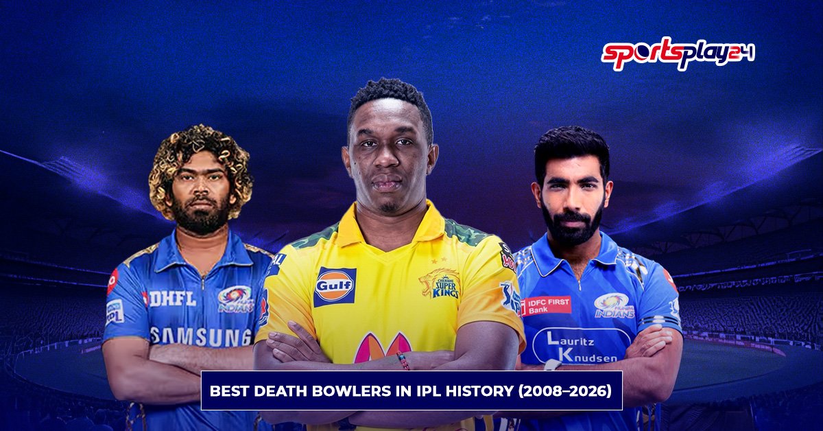 Best death bowlers in IPL history 2008–2026 featuring Lasith Malinga, Dwayne Bravo, and Jasprit Bumrah in IPL jerseys.