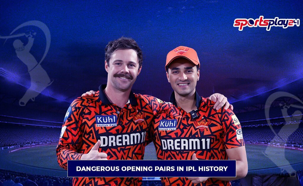 Dangerous opening pairs in IPL history featuring Sunrisers Hyderabad opening duo in IPL stadium background.