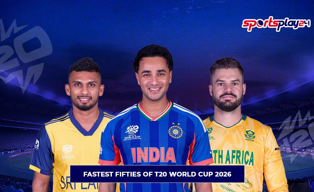 Fastest Fifties of T20 World Cup 2026 featuring explosive batting performances from players representing India, Sri Lanka, and South Africa.