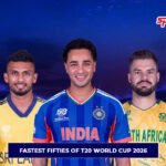 Fastest Fifties of T20 World Cup 2026 featuring explosive batting performances from players representing India, Sri Lanka, and South Africa.