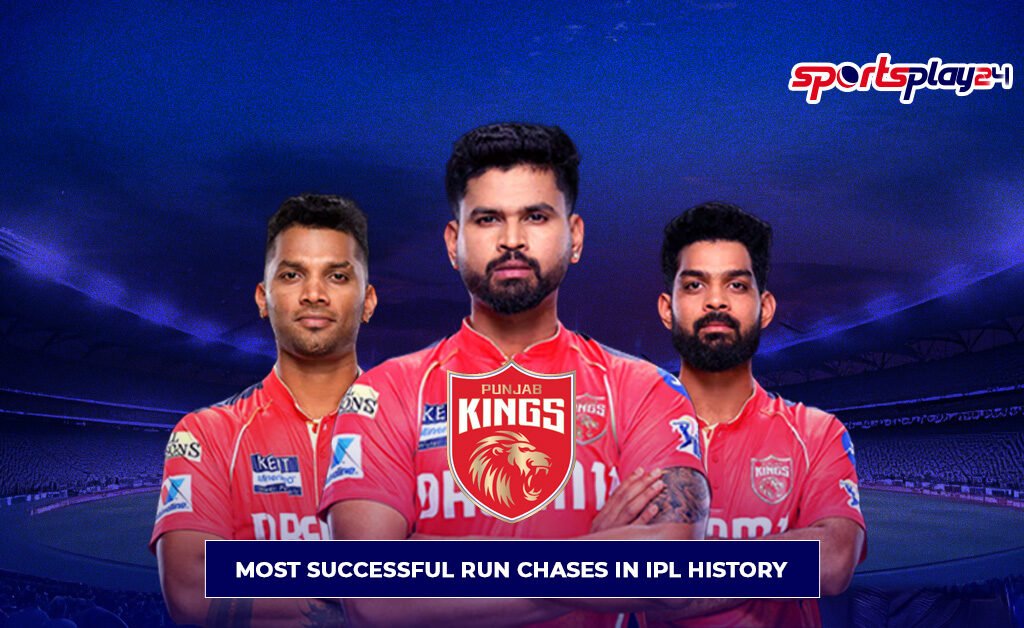 Most successful run chases in IPL history featuring Punjab Kings players in IPL stadium background.