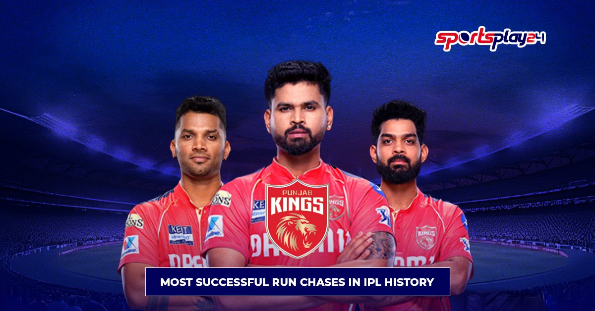 Most successful run chases in IPL history featuring Punjab Kings players in IPL stadium background.