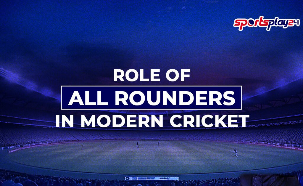 Role of All Rounders in Modern Cricket illustrated with a cricket stadium background and bold title text.