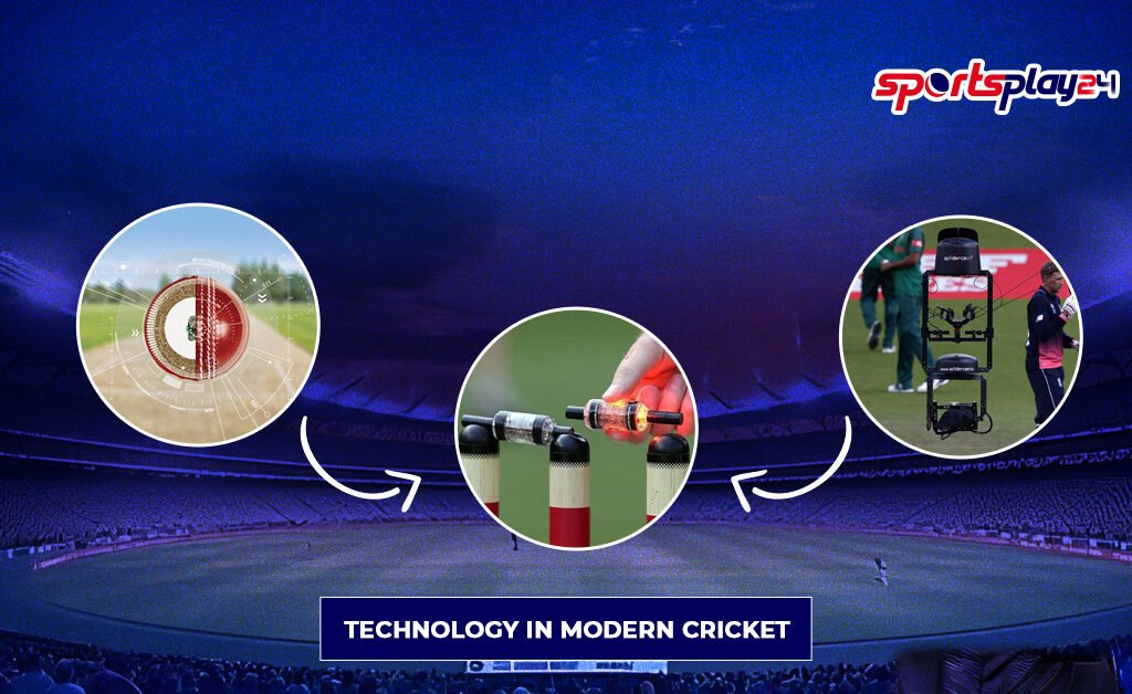 Technology in Modern Cricket showing DRS ball tracking, LED stumps, and Spidercam used in international cricket matches.